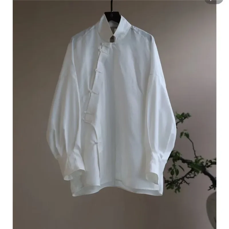 

2025 New Spring Long Sleeve White Blouse Women Chinese Style Stand Collar Loose Frog Buttons Lantern Sleeve Female Shirts