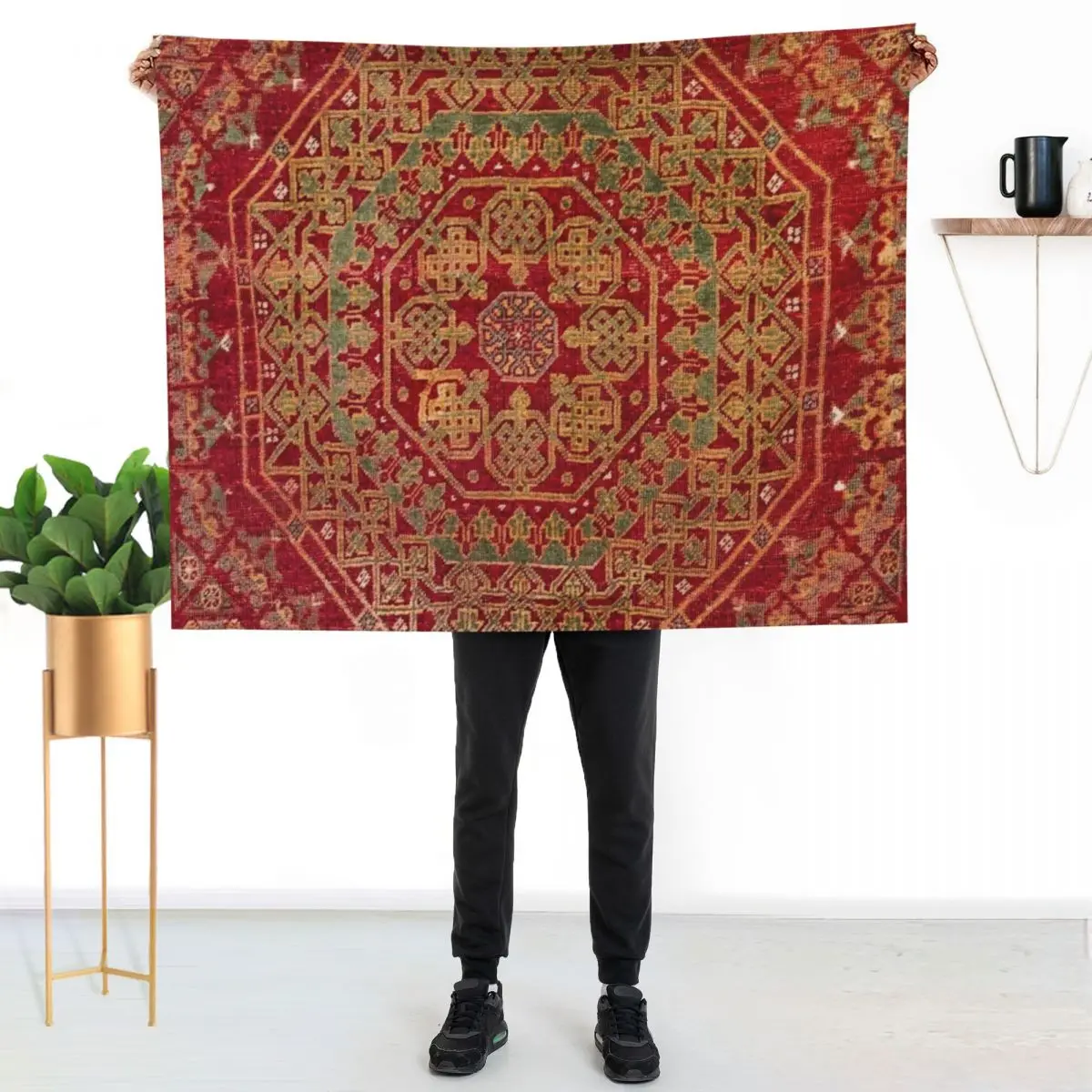 Bohemian Medallion VII // 15th Century Old Distressed Red Green Coloful Ornate Accent Rug Pattern Throw Blanket