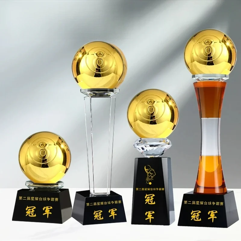 Customized Gold, Silver and Bronze Trophies for Billiards Competitions, Black Eight Snooker Prizes