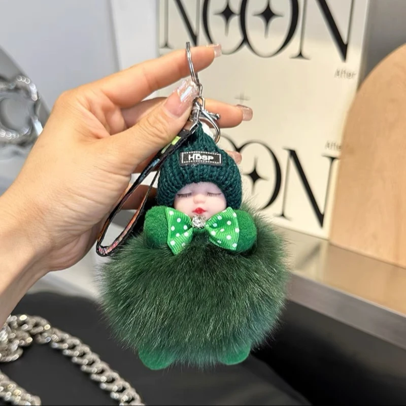 Pompom Sleeping Baby Keychain Cute Fluffy Plush Doll Keychains Women Girl Bags Keyrings Cars Key Ring Gift Charming Decoration view 6