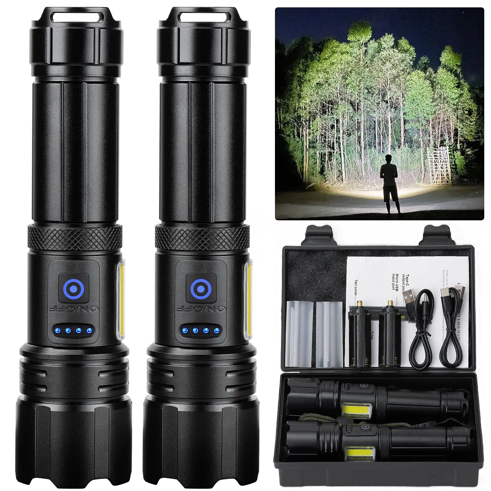 Rechargeable Flashlight, 2 Pack 900000 High Lumens Super Bright flash light, 7 Modes with COB Work Light, IPX6 Waterproof