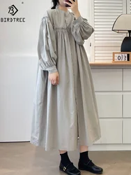 New Summer Cotton Long Lantern Sleeve Dresses, Woman Stand Neck Ruched, Mori Girl Sweet Loose Dress, 2024 Autumn D48370QM