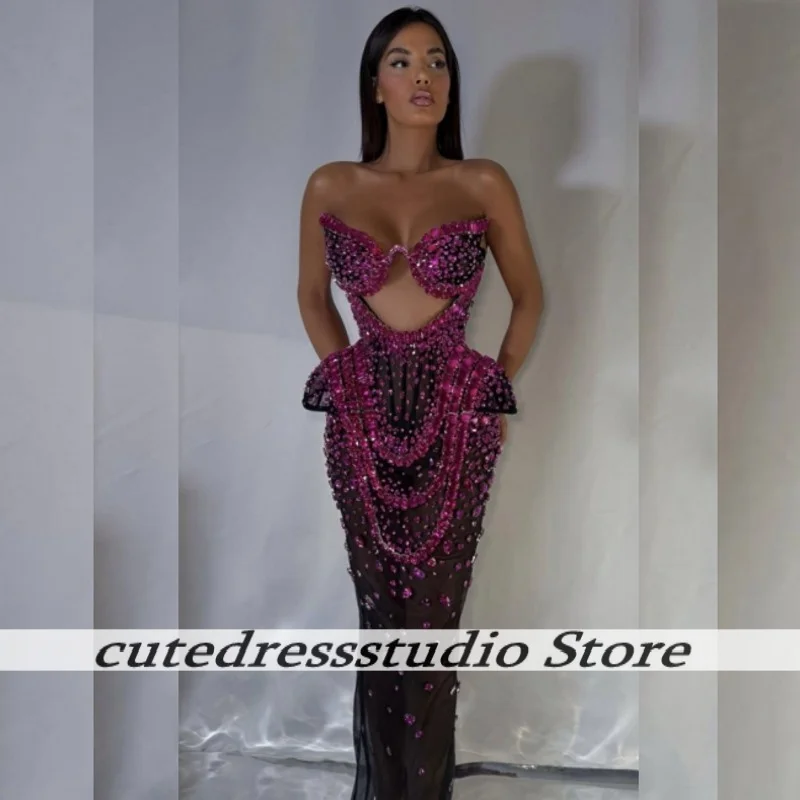 فساتين سهرة أنيقة بدون أكمام حورية البحر للنساء فستان حفلة موسيقية فاخر بكريستال أرجواني مجوف رداء حفلات المشاهير حسب الطلب