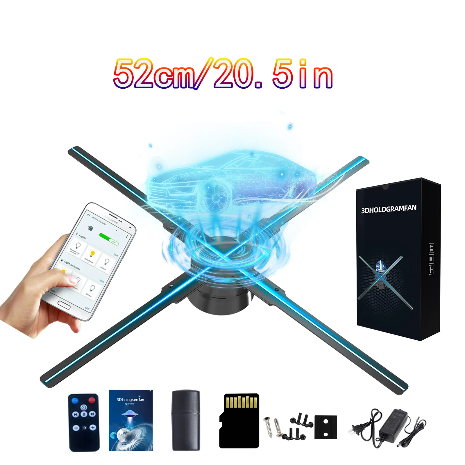 52cm/20.5in 3d Hologram Fan, 596 Led Beads in 4 Fan Blades Holographic Projector by TF Card, App & Remote Control, Halloween