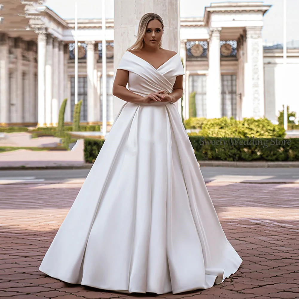 

Flavinke Simole Plus Size Pleat Satin Bridal Gowns V-Neck Off Shoulder Wedding Dresses Lace Up Back Vestido De Noiva 2025