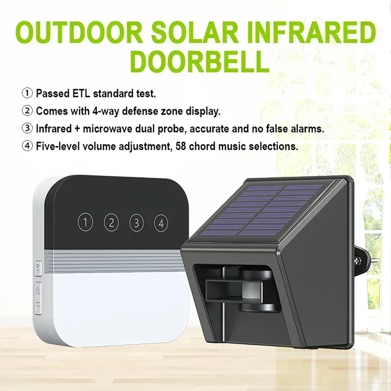 Solar Driveway Alarm System Infrared Detection Solar Wireless Doorbell 4-Way Induction Area Display Waterproof for Home Outdoor