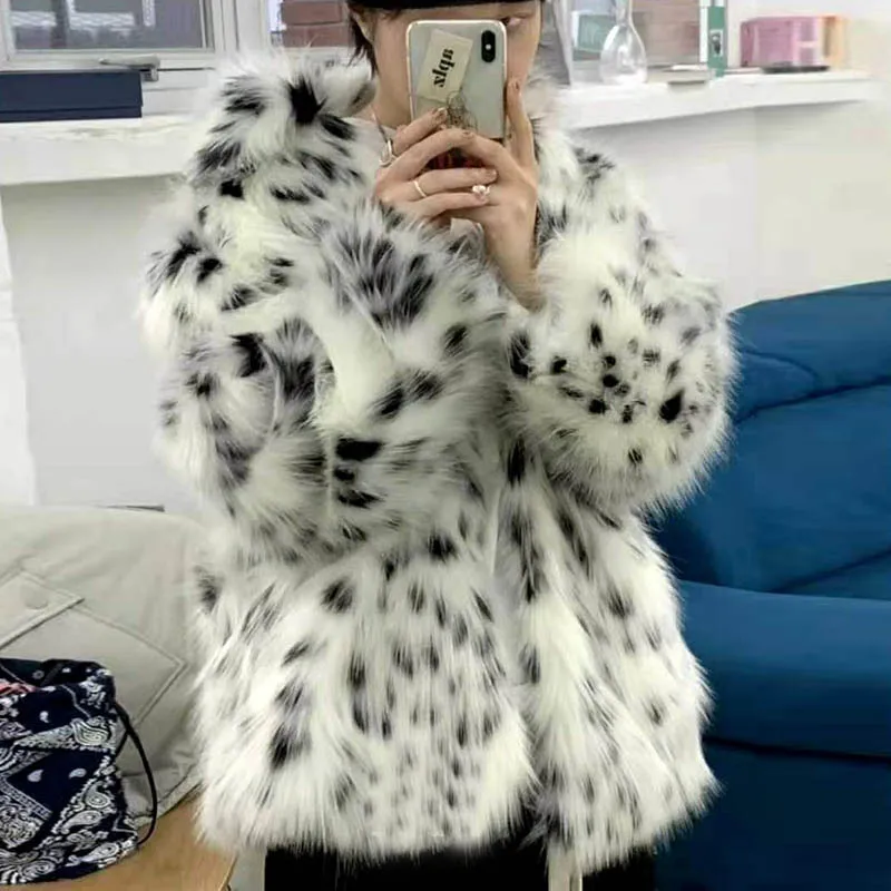 S-2XL Winter Warm Open Stitch Plush Overcoat Women Faux Fox Fur Black White Dot Leopard Cardigan Ladies Thick Short Coat