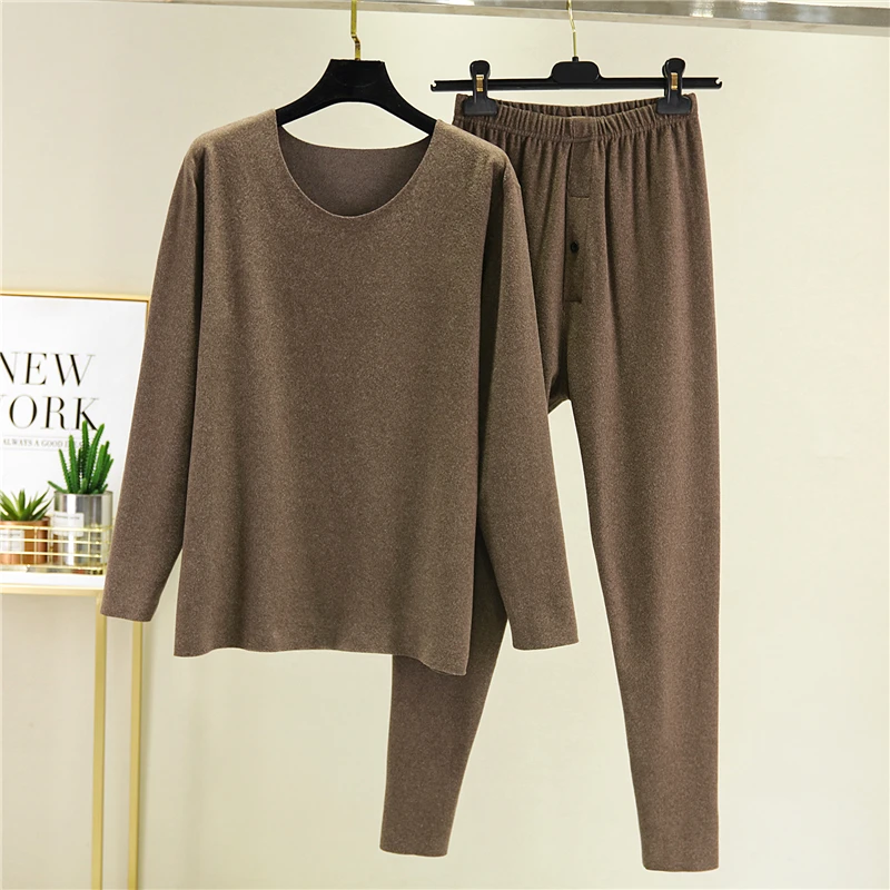 Thickened Fleece Long Sleeve Men's Thermal Two-Piece Set Warm Winter T-Shirt Large Size Comfortable Fit Dervo Ensemble