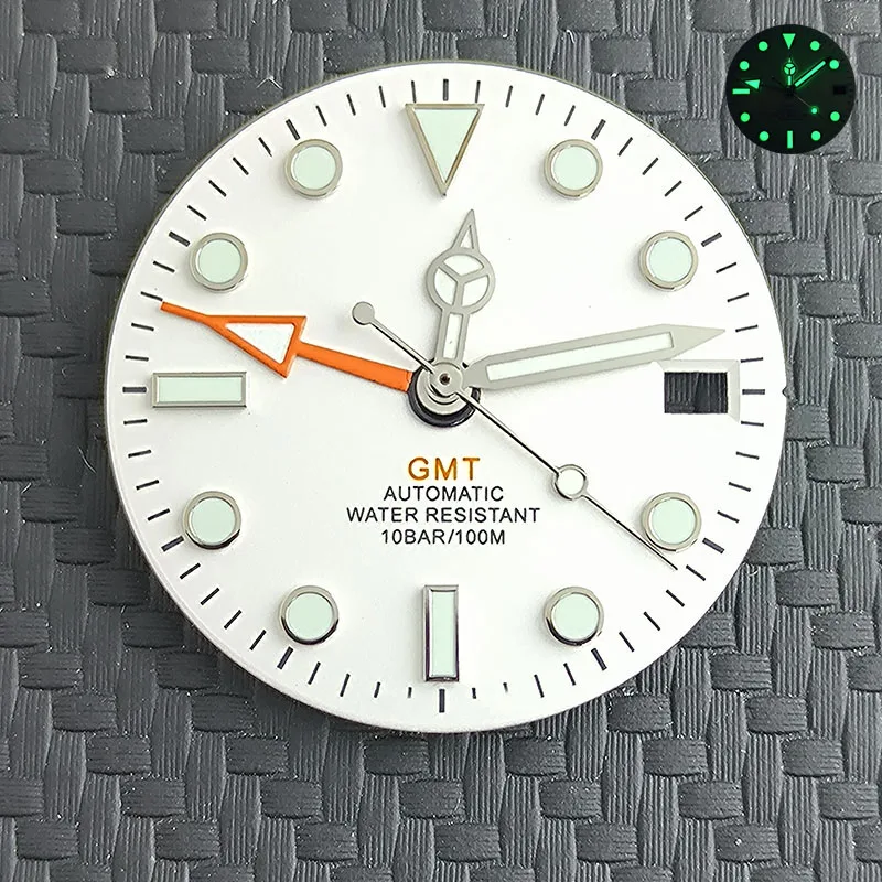 Zifferblatt-Zubehör, 28,5 mm GMT-Zifferblatt, grünes Paket, C3, leuchtend, kann mit Logo für 34 GMT NH-Uhrwerk, Uhrenzubehör angepasst werden