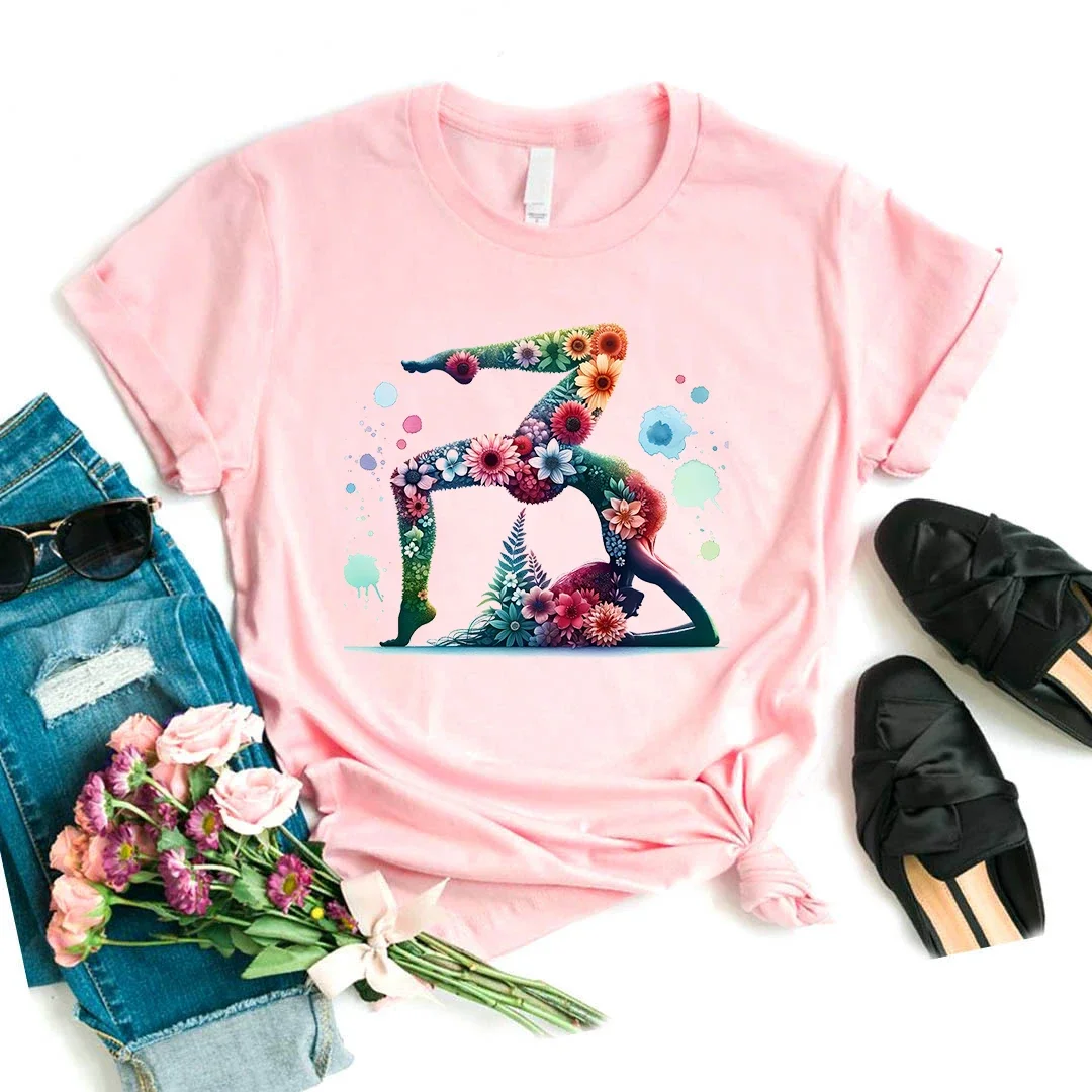 Funny Tshirt Girls Floral Yoga Butterfly Print Pink T Shirt Women Meditation Tshirt Femme Aesthetic Clothes Funny T-Shirt Female