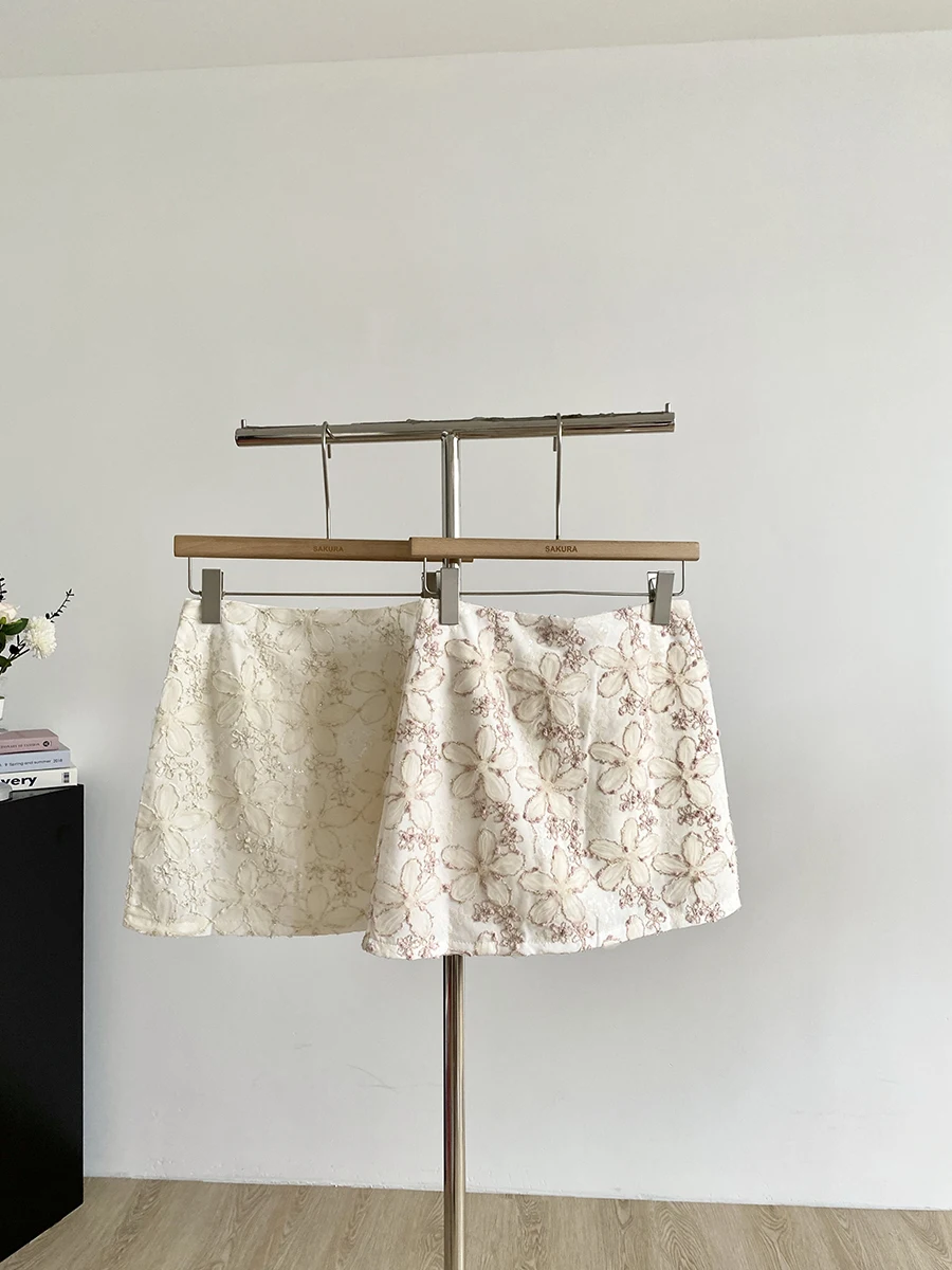 Women's Summer Autumn Sweet Floral A Line Mini Skirt Lady Streetwear High Waist Embroidered Flower Short Skirt
