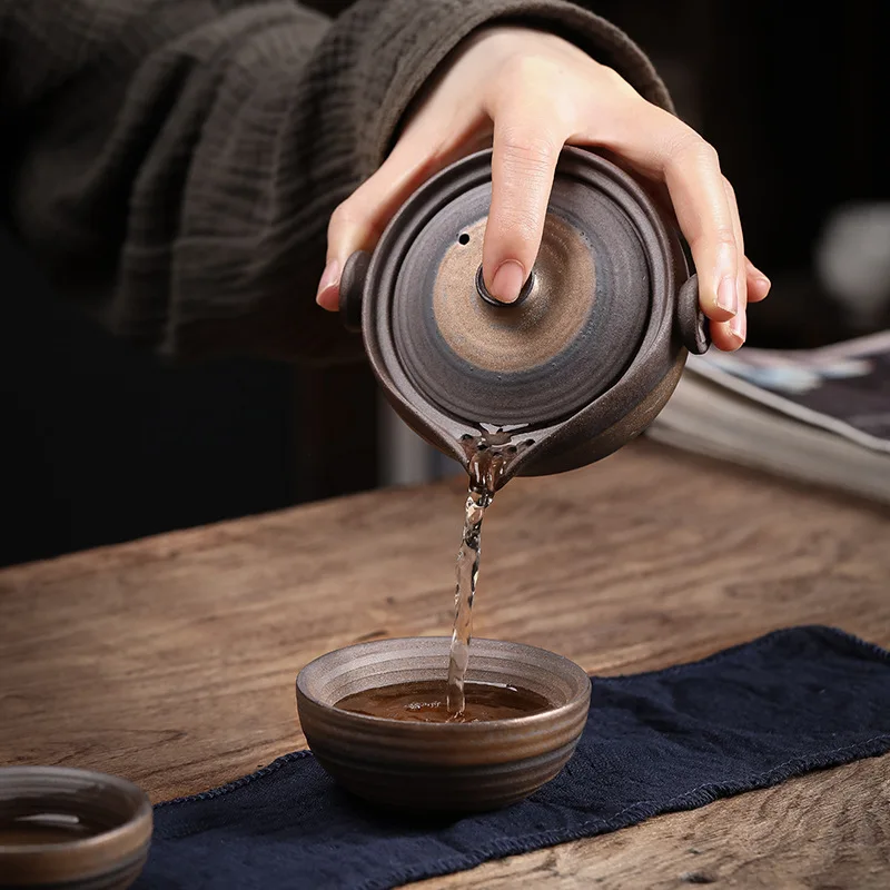 

Lotus Charm Gold-Lacquered Iron Glaze Handmade Old Rock Clay Tea Set - One Pot, Two Cups Portable Travel Set