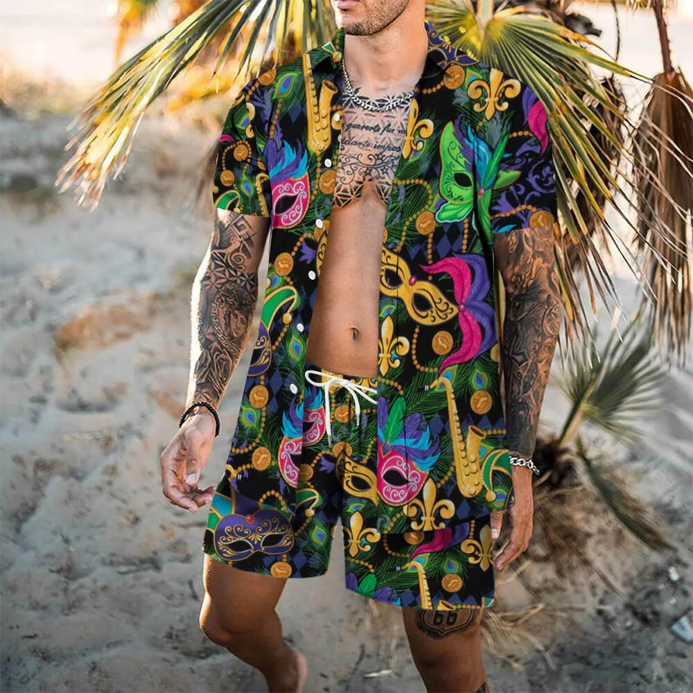 Camisetas hawaianas + Pantalones cortos para hombre, trajes de 2 piezas, estampado de flamenco 3D, conjuntos de camisas de playa para vacaciones,