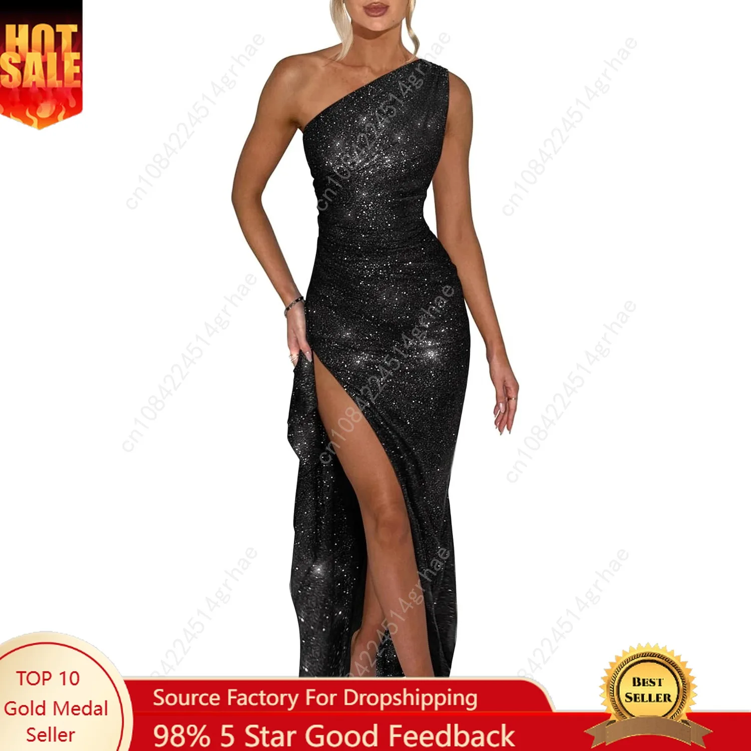 

Women's Sequin One Shoulder High Split Cocktail Wedding Formal Maxi Dress