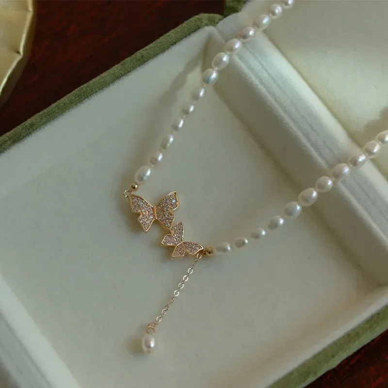 Fairy Butterfly Pearl Necklace for Women Bow Engagement Fine Jewelry Wedding Party Birthday Gift Dropshipping Necklaces Chain