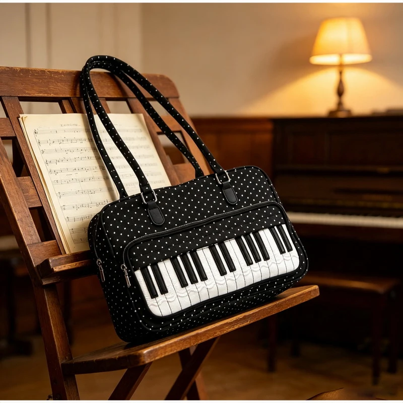  Polka Dot Piano Key Schultertasche, Damen Bowling Nylon Handtasche, Y2k Teenager Mädchen Große Kapazität Pendel- und Reisetasche, Süße Niedliche Tragetasche – Detail 2
