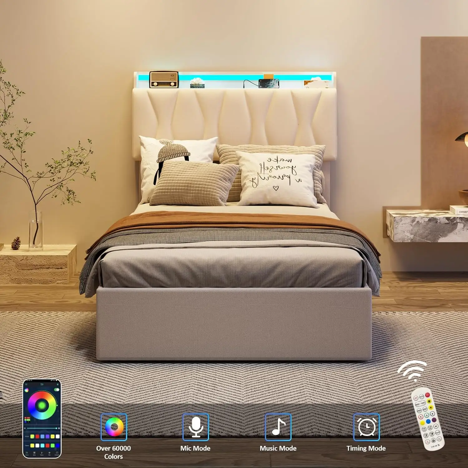 Vabches Lift Up Twin Size Bed Frame with Storage Headboard Upholstered Platform Bed Frame w Charging Station&LED Light Bedroom image 5