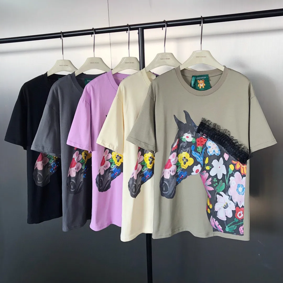 

Spring Summer New American Style Heavy Hand Sewing Beaded Flower Year of Horse Print Loose Round Neck Short Sleeve T-Shirt