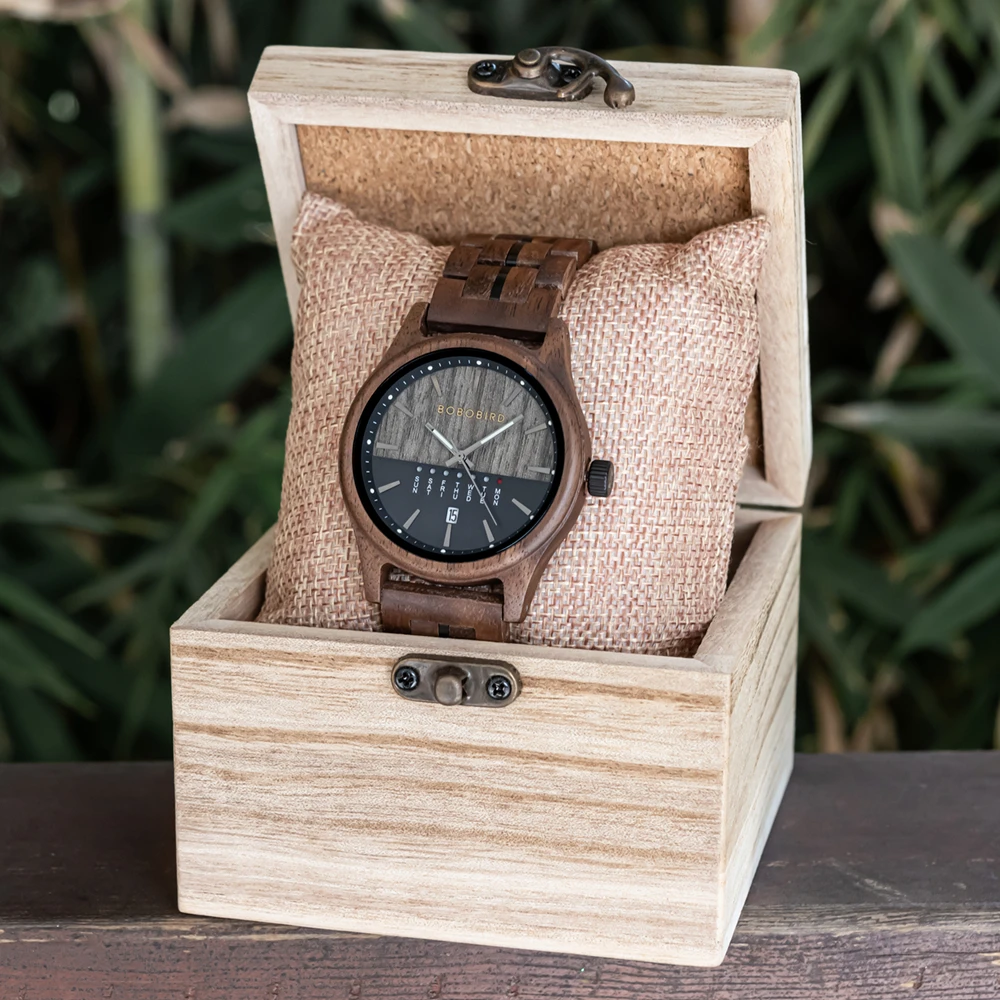 BOBO BIRD Men\'s Watches Top Brand Wooden Wristwatch Week & Date Display Quartz Watch for Men Customized Drop Shipping