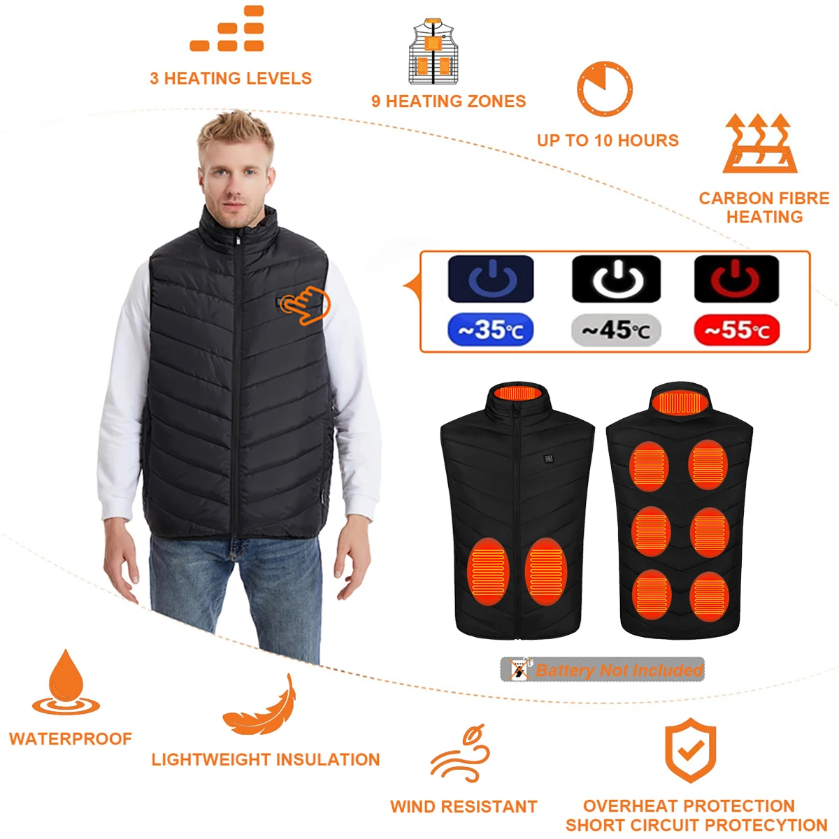 Heated Vest, Men's and Women's Winter Warmer Vest, Smart USB Heated Vest with 9 Carbon Fiber Heating Pads, 3 Temperature Levels