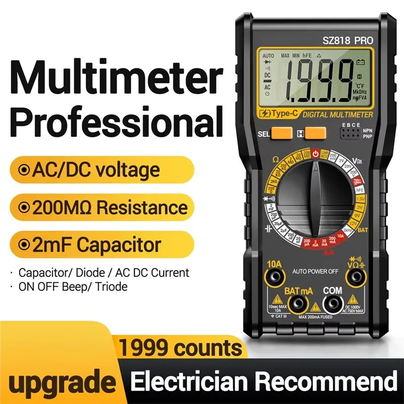 SZ818 PRO Digital Multimeter Type-C Charging AC/DC Resistance Capacitor Frequency Detection Electrical Universal Meter