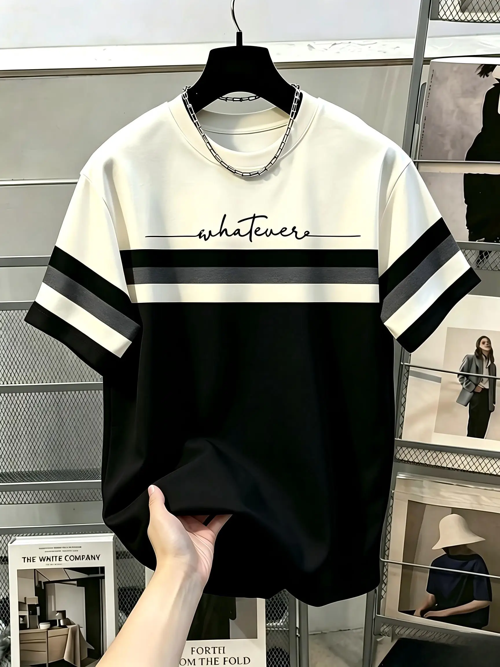 American men's summer letter stripe splicing print micro elastic breathable round neck T-shirt outdoor leisure vacation top