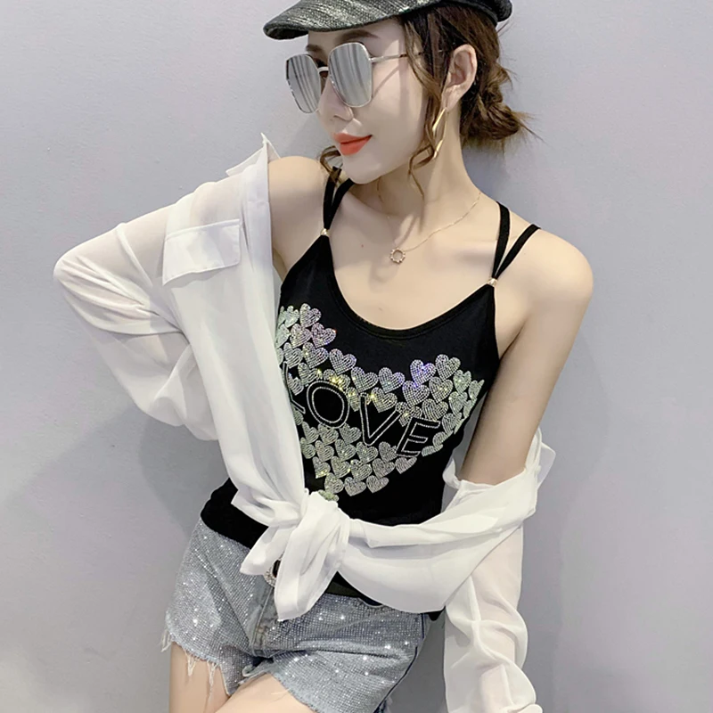 Summer Women's Strap Vest Diamond Embellied Slim Fit Base Layer Tank Top Outerwear Suit Underwear Svel Faionable