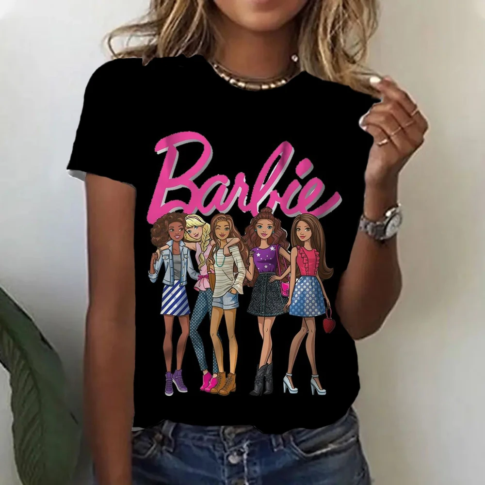 Barbie senhoras manga curta camiseta kawaii desenhos animados, tudo-jogo, gola redonda, anime meninas, camisetas respiráveis, tops presentes, moda,