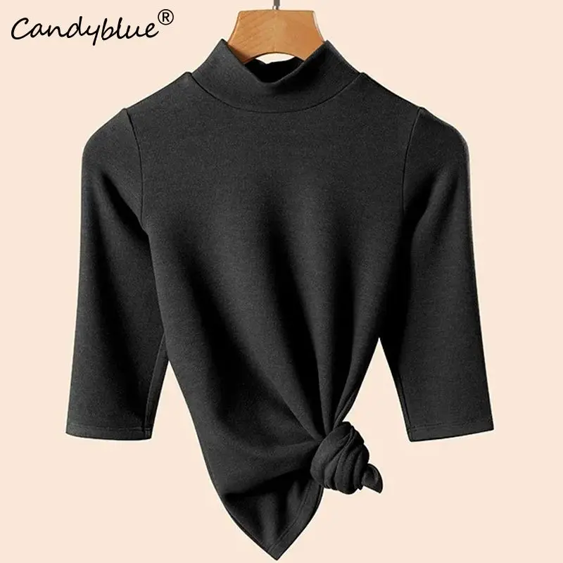 Half High Collar Loose Casual Solid Women's Pullover Half Sleeve Korean Fashion Luxury Female Versatility Bottoming Shirt 2023