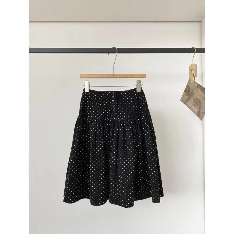 High Waist Print Dot Loose Button Patchwork Trend A-line Skirt Spring Autumn Women Clothing Youth Vintage Skirts Casual Fashion