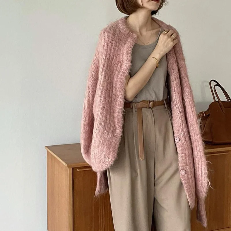 Spring Winter Warm Womens Clothing Long Sleeve Cardigans Femme Mohair Sweater O Neck Ropa Mujer Stick Needle Knitwears Tops