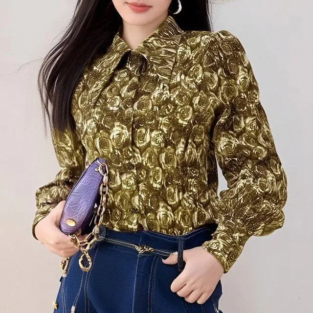 French Romantic Sfumato Print Shirt for Women Lantern Sleeve Shirt Unique and Chic Polo Collar Blouses Shirts