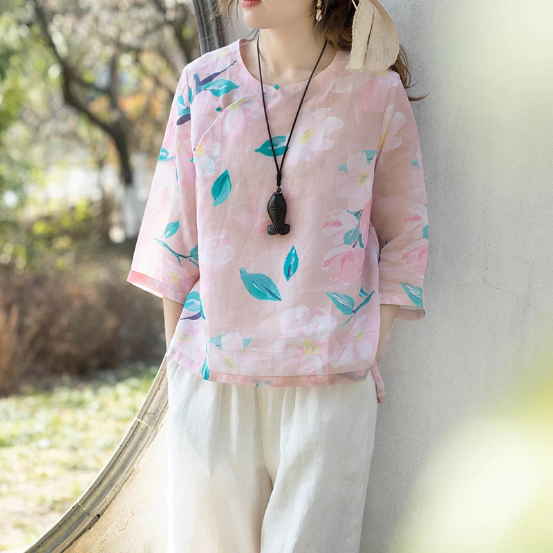 

Новая женская футболка в китайском стиле больших размеров, скрывающая живот, с круглым вырезом, в стиле ретро, удобная, дышащая, свободного кроя, летняя