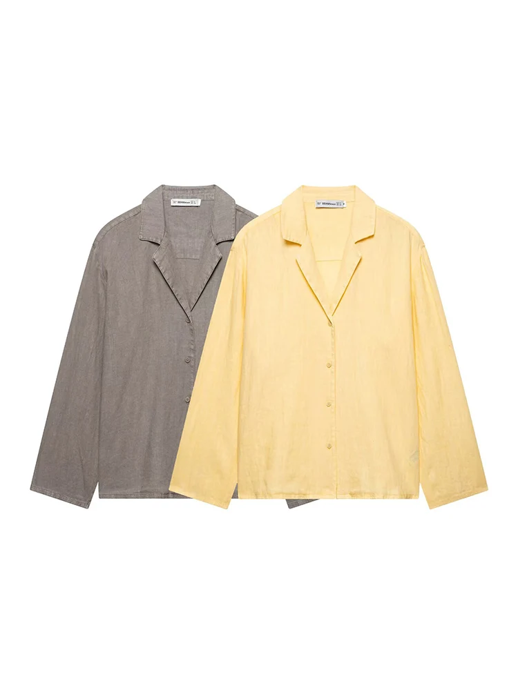 

SIYANG Women Fashion Linen Yellow Single Breasted Blouse Vintage Lapel Neck Long Sleeves Female Chic Lady Shirts