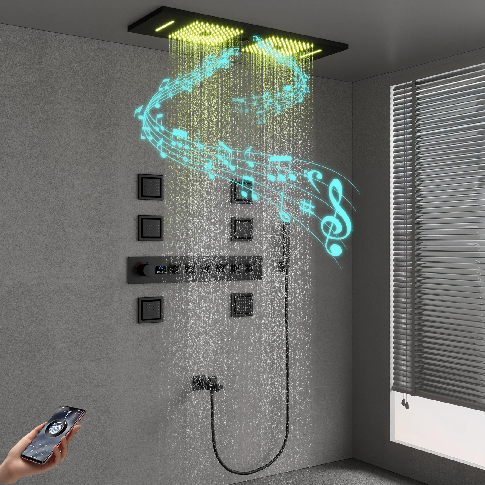 Black 90X30CM hidden LED music constant temperature shower head luxury bath set