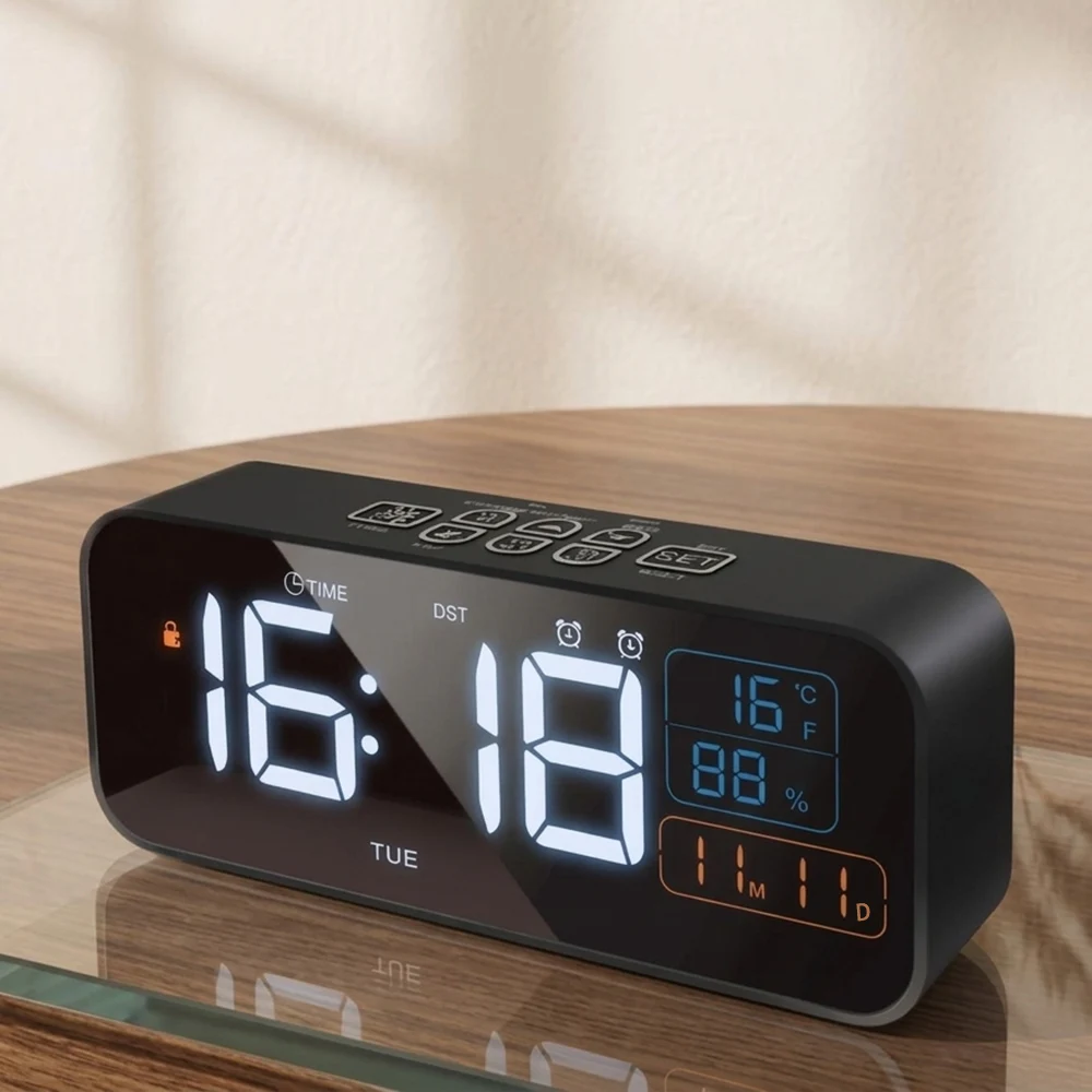 Despertador Digital com Exibição de Temperatura, Umidade, Data, Semana, Calendário, Tom de Alarme Ajustável, Brilho Ajustável, Relógio de Mesa