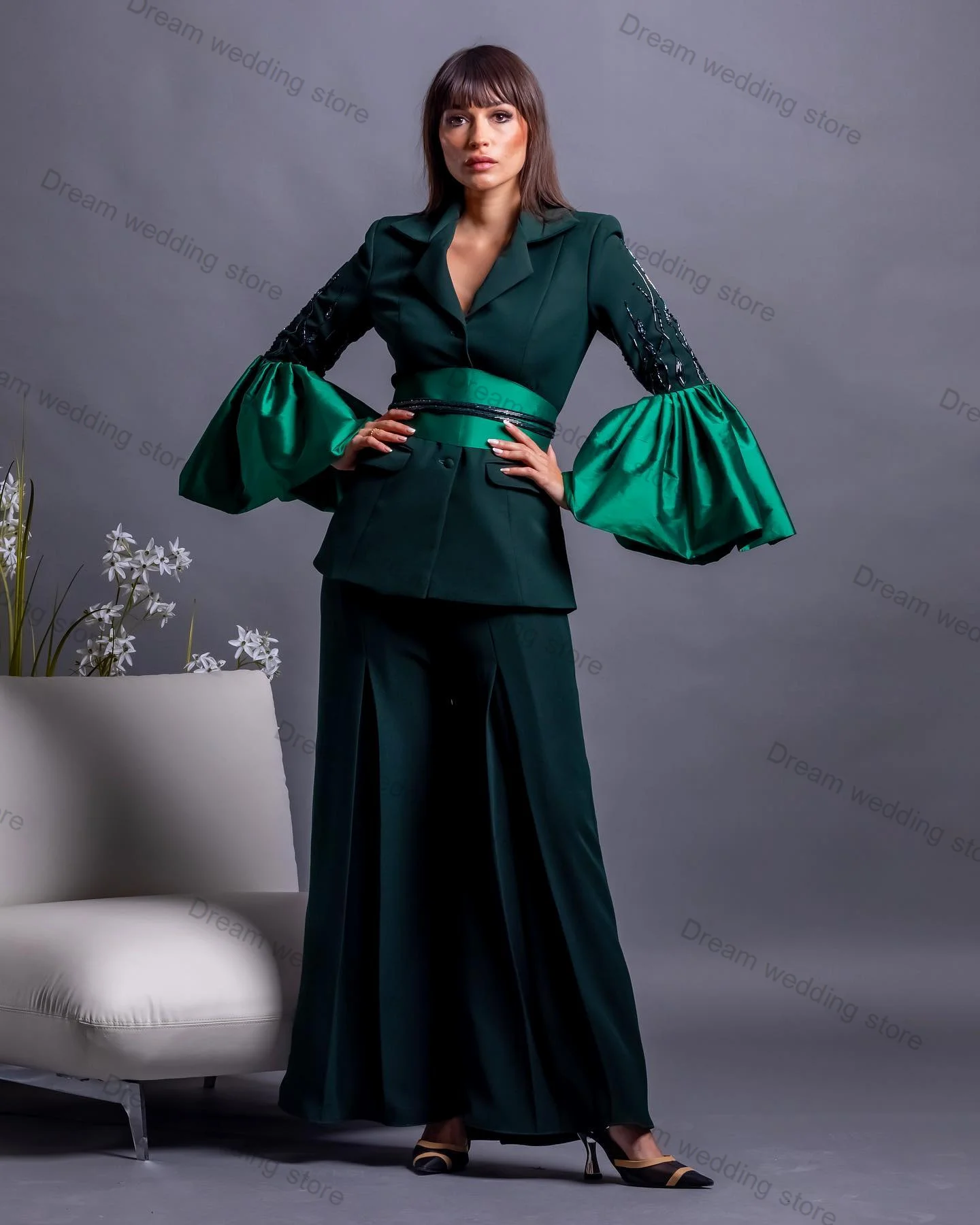 Green Crystals Women Suits 2 Piece Blazer+Pants Flare Sleeves Formal Wedding Tuxedo Custom Made Jacket Office Lady Prom Coat