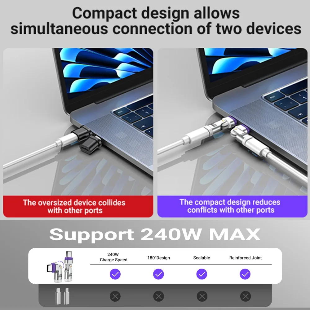 AUFU 16Pin Magnetic USB C Male to USB C Female Adapter 180 Degree 240W Fast Charging Type C Adapter for Iphone16 15 Macbook Pro