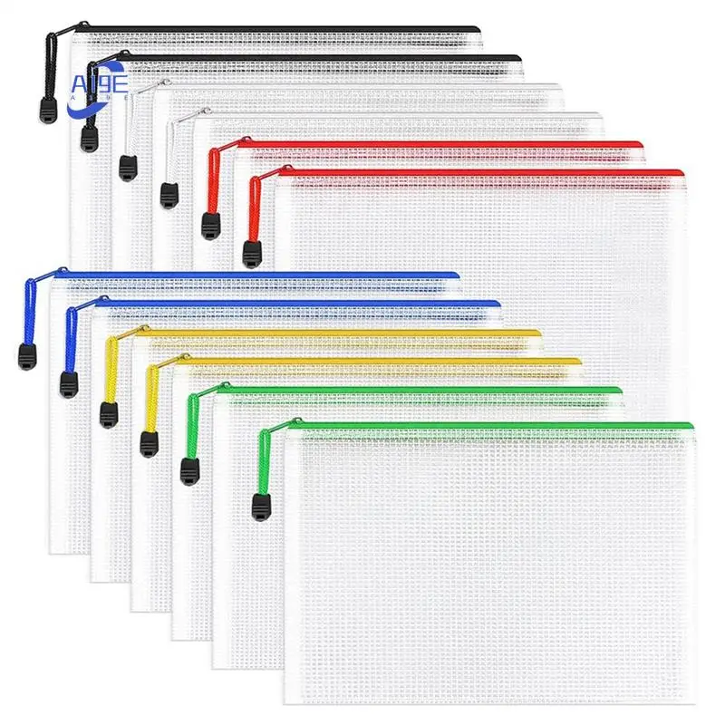 

A19E-12Pcs Mesh Zipper File Bags Mesh Zipper Pouch Document Bag Plastic Zip File Folders, Letter Size/A4 Size For Office Supplie