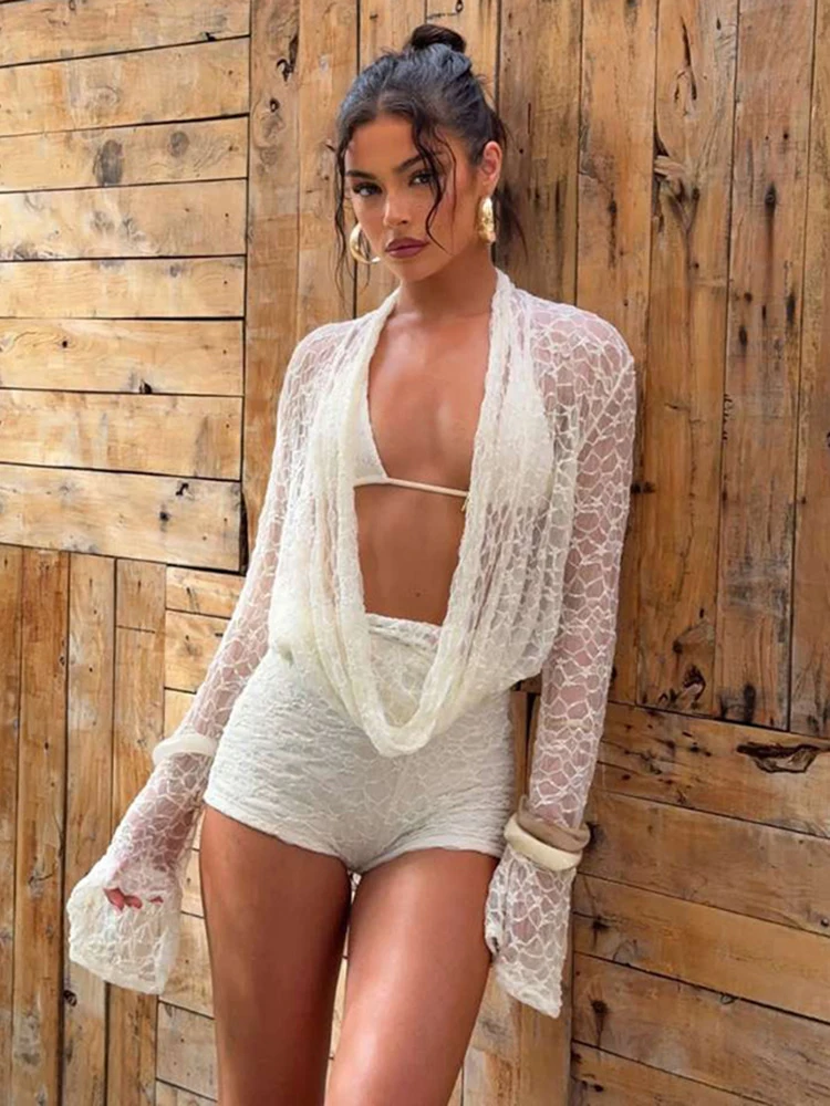 Kryptograficzne Modne Zestawy 3-częściowe typu Halter z Drapowaniem, Stroje Plażowe, Wycięte Sznurowane Bikini, Szorty, Komplety z Długim Rękawem, Garnitury — zdjęcie 2
