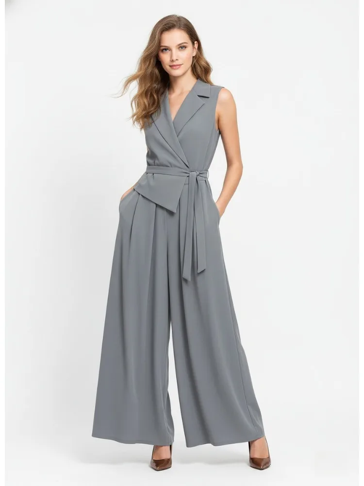 

Women's Gray Sleeveless Blazer Collar Belted Waist Wide-Leg Jumpsuit 2026 Summer Fashion Business Luxury Elegant Romper