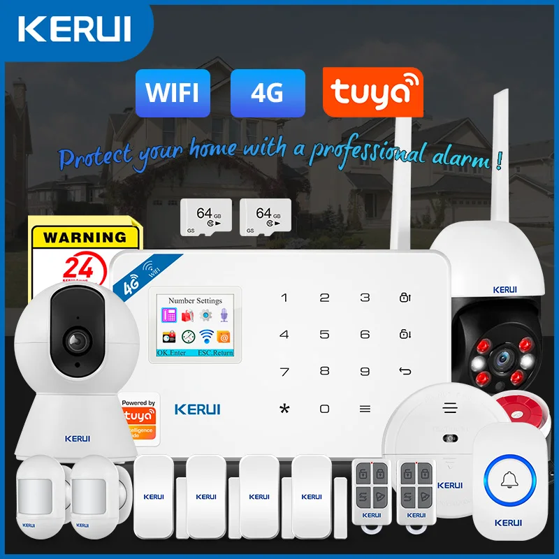 

Домашняя сигнализация KERUI WiFi + 4G с многоязычным беспроводным комплектом противоугонной сигнализации Tuya Smart App Дистанционное управление W184 Alexa