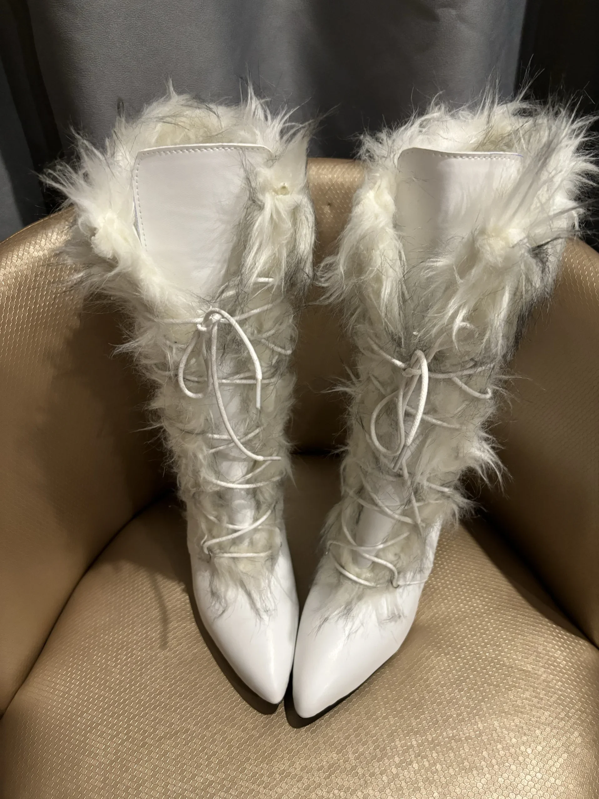 

White Cross Straps Stiletto Fur Boots Woman Winter 2026 Sexy Pointed Toe Lace-Up High Heel Mid-Calf Boots Fashion Long Boots
