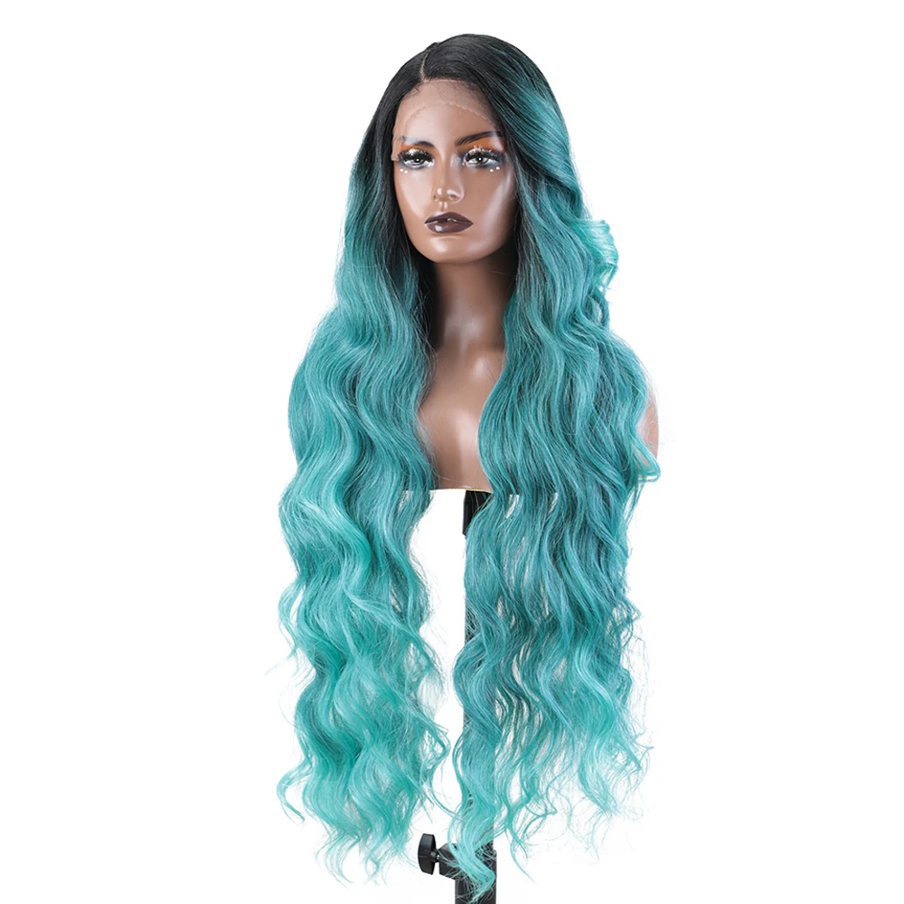 Synthetic Lace Front Wig Ice Blue Green Black Wig Long Wavy 36 \