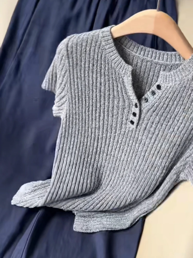 Koreaanse Sle Ice Silk gebreide top en Sve Casual Design Hoodie Summer Faion Anti Aging Quali Regular Fit woon-werkkleding