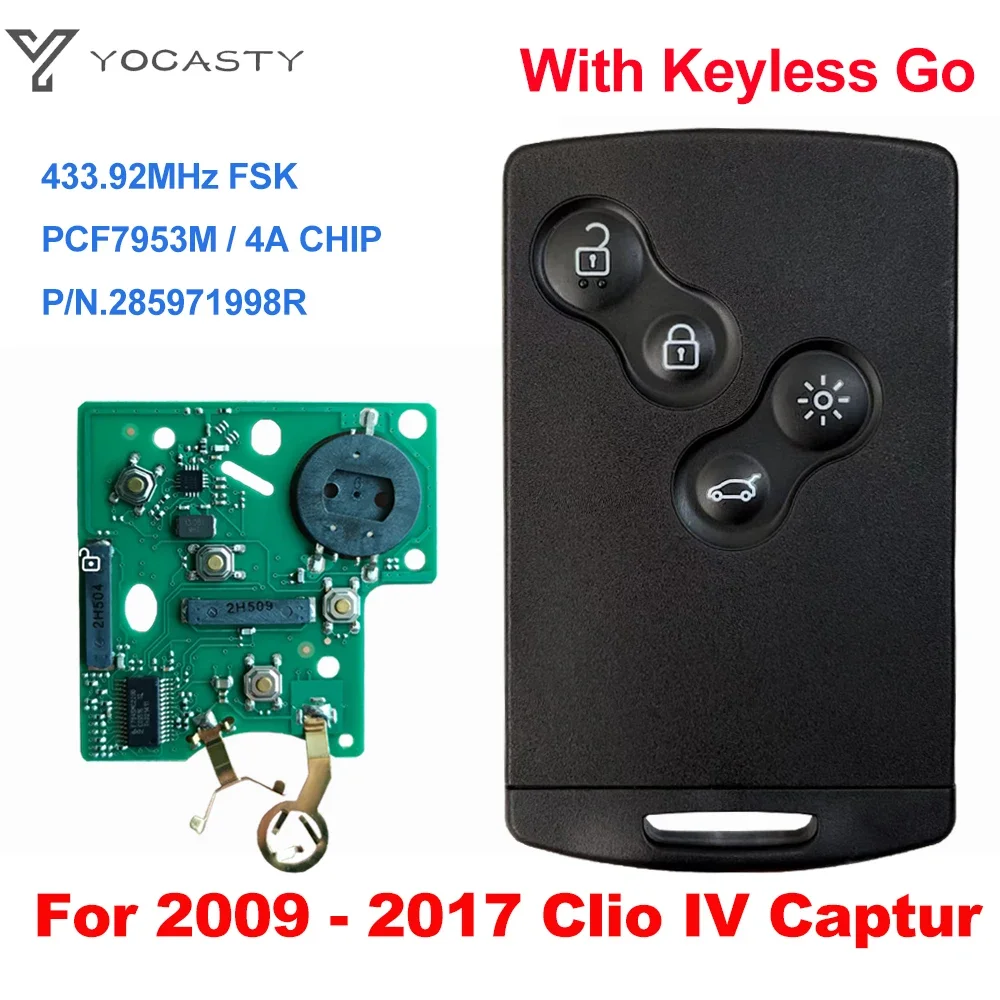 YOCASTY 285971998R Keyless Smart Key 4A Chip 433 MHZ For 2009 2010 2011 2012 2013 2014 2015 2017 Renault Clio IV Captur