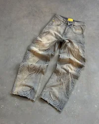 Y2k Nuovo di Vendita Caldo Delle Donne Degli Uomini Hip Hop Punk Pantaloni Casual Pantaloni Strappati Retro Harajuku Jeans Larghi Bordo Grezzo Denim Ricamato