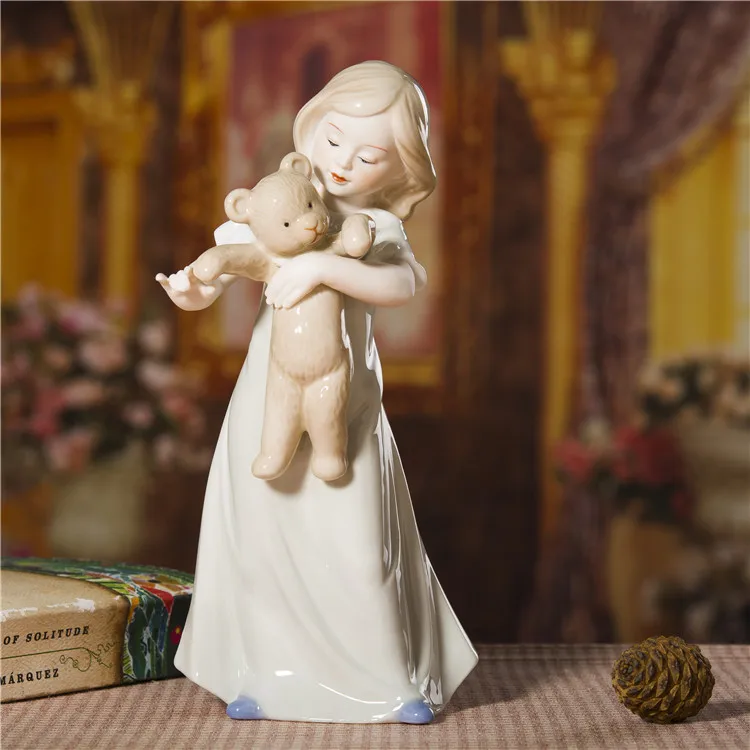 Porcelain Girl and Teddy Bear Statuette Ceramic Figurine Craft Ornament Accessories for Birthday Gift Room Decoration