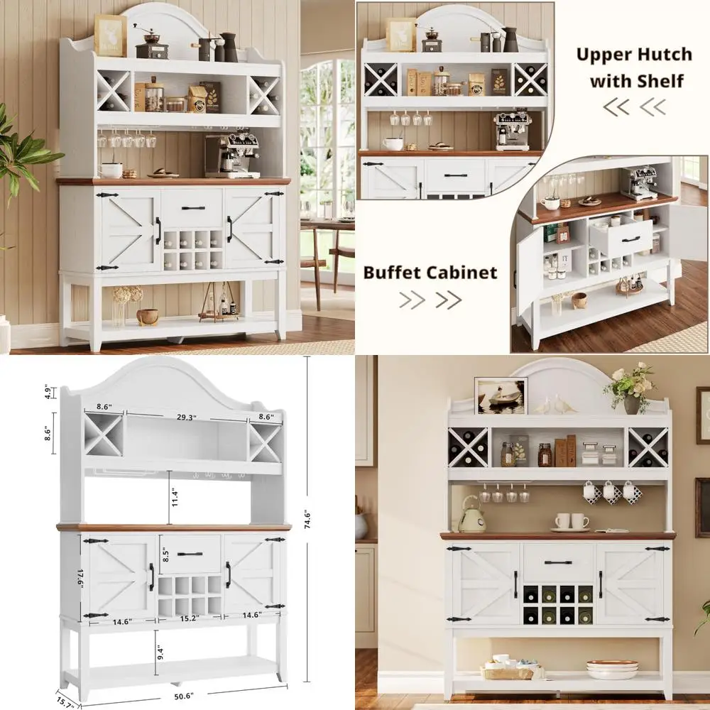 Farmhouse-Style Large Kitchen Buffet Cabinet with Hutch & Wine Rack for Home Bar and Living Room
