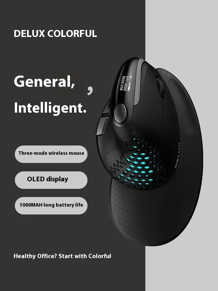 Delux M618XSD Wireless Designer Mouse OLED Screen Three Mode Seeker Ergonomic Mouse 1000mAh Removable Back Cover Pc Gamer Office